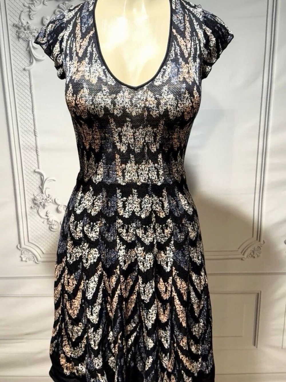 BCBGMaxAzria Black and Gold Knit V-Neck Maxi Dress